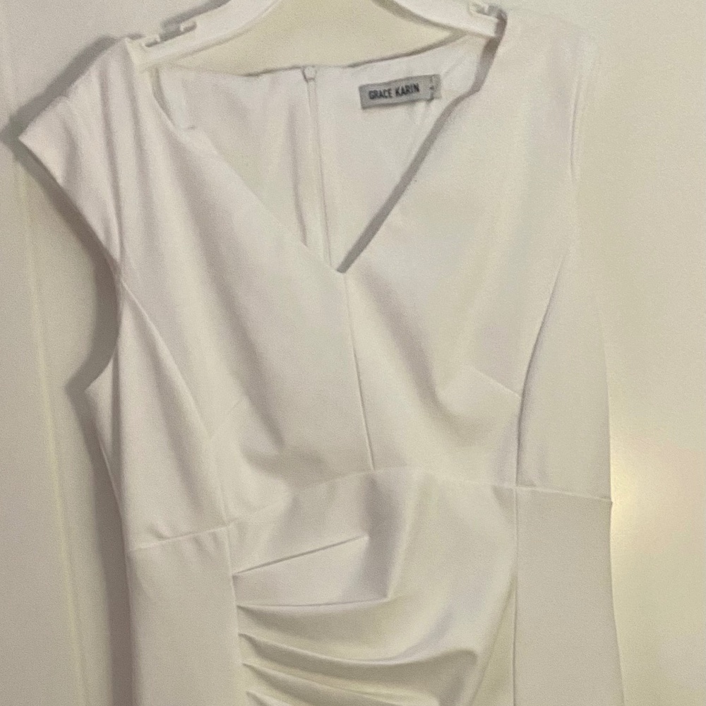 Grace Karin Ruched Bodycon Cap Sleeve White Dress